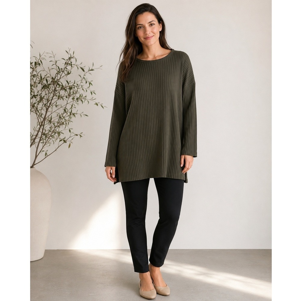 EILEEN FISHER Olive Green Ribbed Long Sleeve Tunic Top Relaxed Fit Large